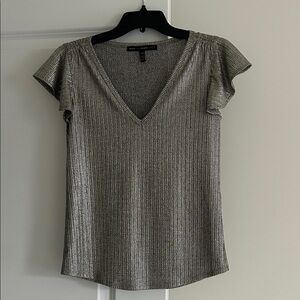 WHBM Short Sleeve V-Neck Metallic Flutter Sleeve Top, Size XXS